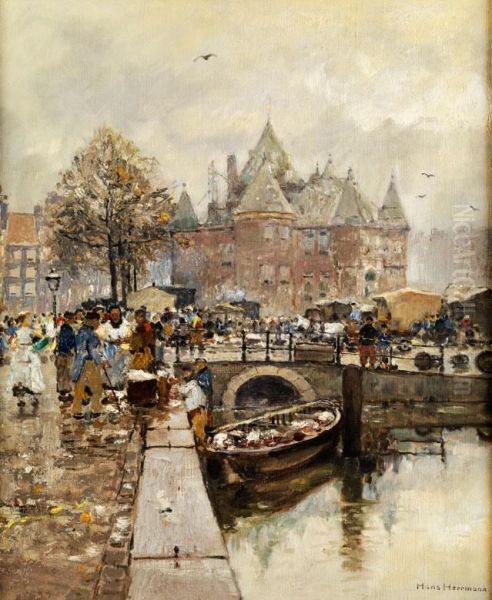 Der Neue Markt In Amsterdam Mit Blickauf Eine Kanalgracht Oil Painting by Hans Herrmann