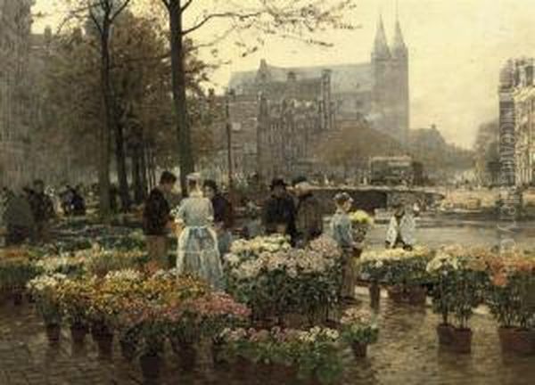 Selling Flowers On The Flower Market, Amsterdam Oil Painting by Hans Herrmann