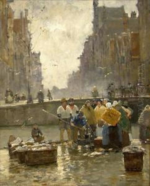 Belebte,hollandische Gracht Mit Fischverkaufern Oil Painting by Hans Herrmann