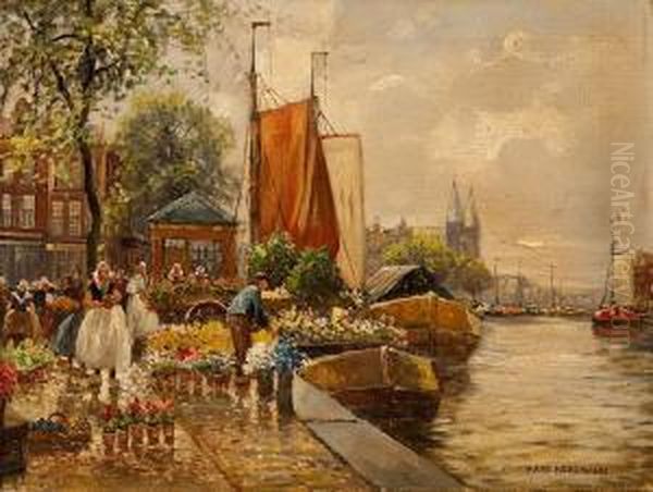 Blumenmarkt In Amsterdam Oil Painting by Hans Herrmann