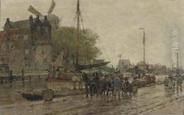 Along A Busy Quay Oil Painting by Hans Herrmann