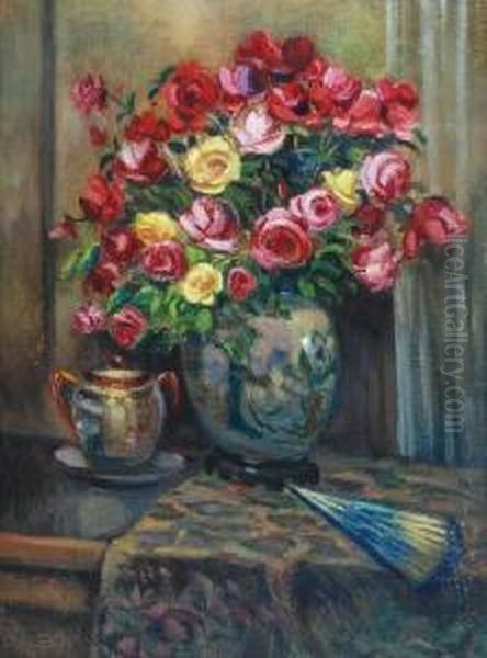 Roze W Wazonie Oil Painting by Hans Herrmann