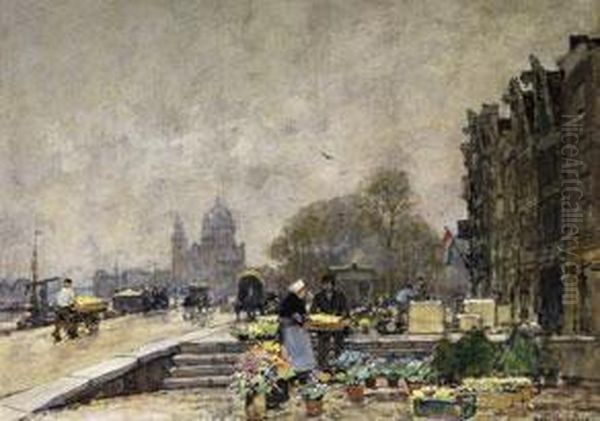 Blumenmarkt In Amsterdam Oil Painting by Hans Herrmann