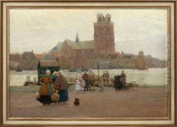 Belebter Kai Am Hafen Von Dordrecht Mit Blick Auf Die Grote Kerk Oil Painting by Hans Herrmann