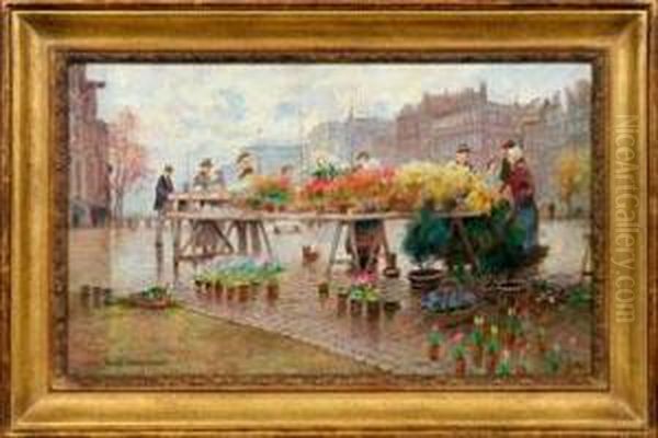 Blumenmarkt In Einer Niederlandischen Stadt Oil Painting by Hans Herrmann