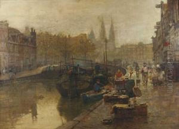 Amsterdamer Gracht Mit Fischhandlern. Oil Painting by Hans Herrmann