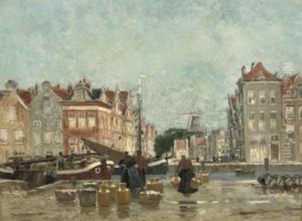 Unloading The Catch Along An Amsterdam Canal Oil Painting by Hans Herrmann