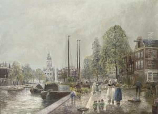 A Summer's Day On The Flowermarket With The Munttoren In The Distance, Amsterdam Oil Painting by Hans Herrmann