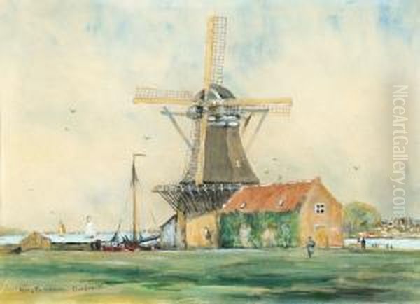 View Of A Mill By The Water In Dordrecht Oil Painting by Hans Herrmann