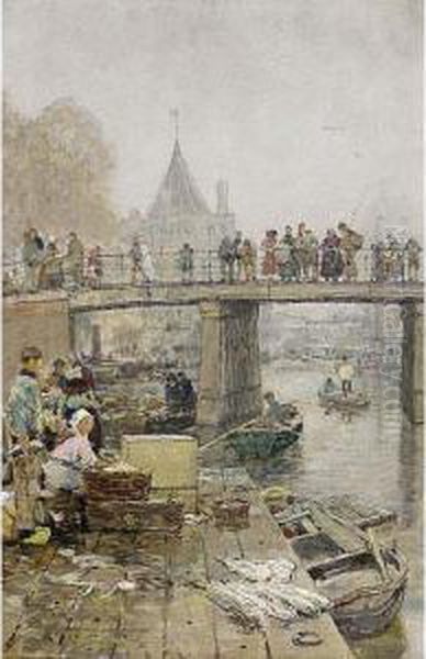 A Fishmarket Near The Schreierstoren, Amsterdam Oil Painting by Hans Herrmann