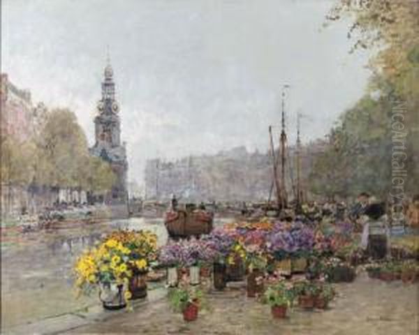 The Flower Market Along The Singel, Amsterdam, With The Munttorenbeyond Oil Painting by Hans Herrmann