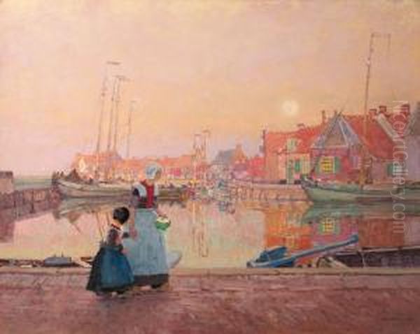 A Dutch Fishing-village At Dusk With Figures On A Quay Oil Painting by Hans Herrmann