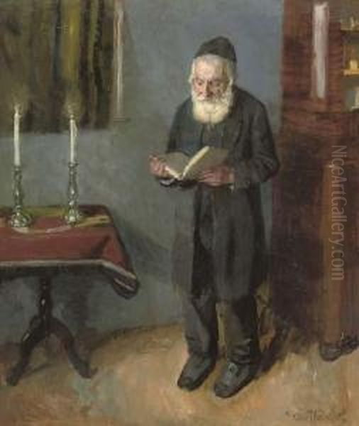 A Rabbi Reading Oil Painting by Otto John Herschel