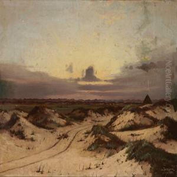 Sunset At Blavand,denmark Oil Painting by Oscar Herschend