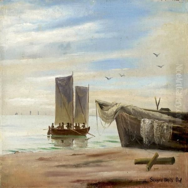 Fisherboats At Thebeach, Skagen Oil Painting by Oscar Herschend