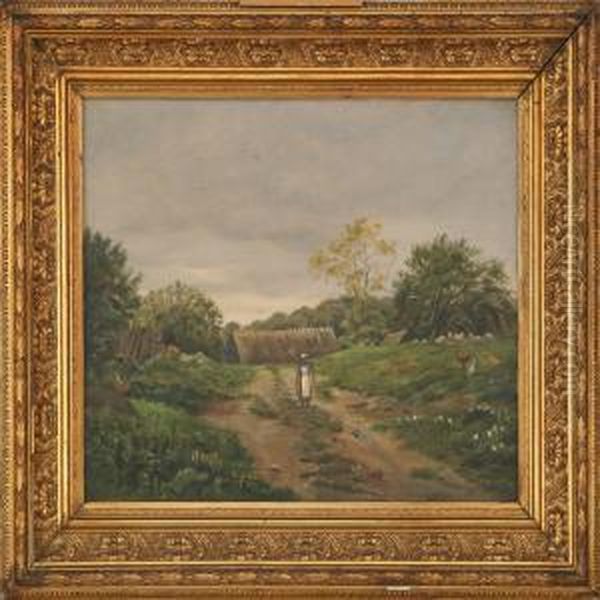 Landscape With A Watercarrying Woman And Some Chickens Oil Painting by Oscar Herschend