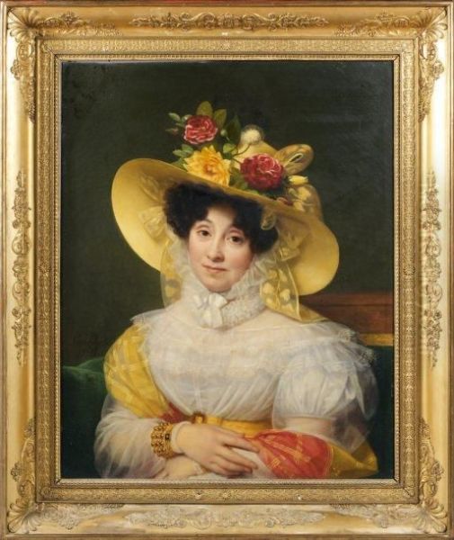 Portrait De Femme Au Chapeau De Paille Oil Painting by Louis Hersent