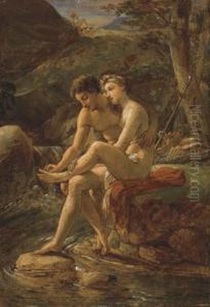 Daphnis Pulling A Thorn From Chloe's Foot By A River Oil Painting by Louis Hersent