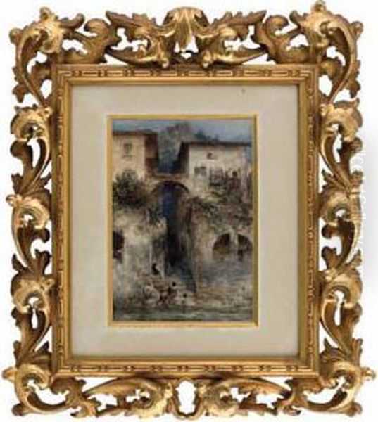 Malerische Italienische Hauser Und Wascherinmit Kind Oil Painting by Albert Hertel