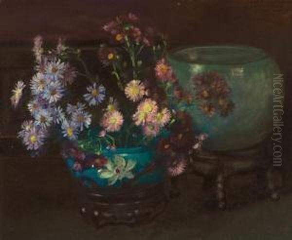 Flowers And Blue Vases Oil Painting by Albert Herter