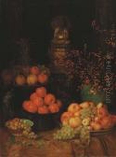 Still Life With Fruit, Peacock And Buddha Oil Painting by Albert Herter