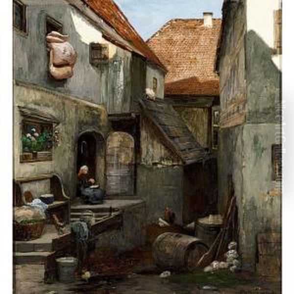 A Farmhouse Oil Painting by Wilhelm Jakob Hertling