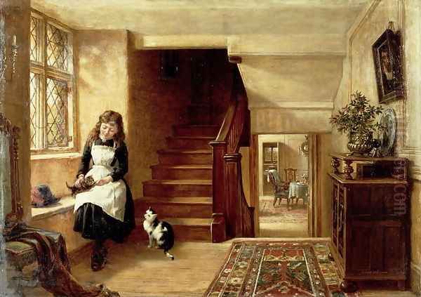 An Interior with a Girl Playing with Cats Oil Painting by Robert Collinson