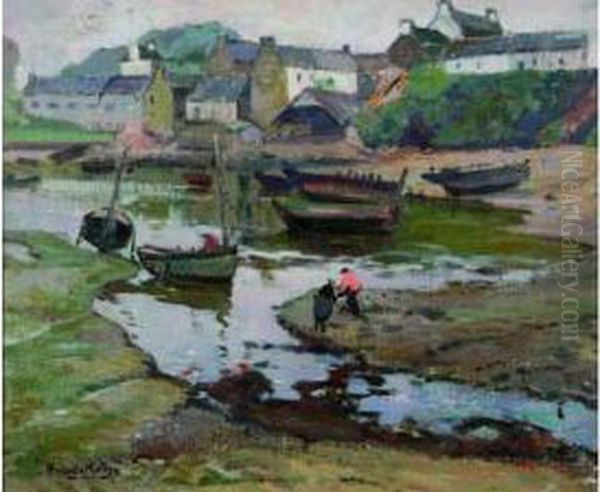 Coin De Port Anime A Maree Basse Oil Painting by Jules Alfred Herve-Mathe