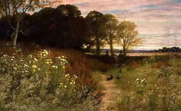 Landscape with Wild Flowers and Rabbits Oil Painting by Robert Collinson