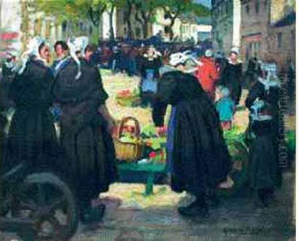 Le Marche Aux Legumes A Concarneau. Oil Painting by Jules Alfred Herve-Mathe