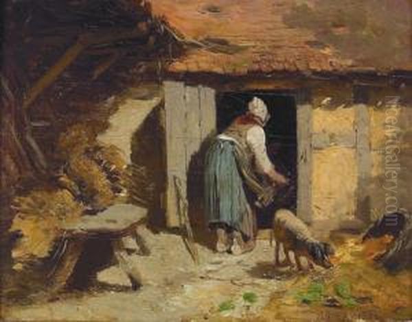 Bauerin Bei Der Schweinefutterung Oil Painting by Louis Adolphe Hervier