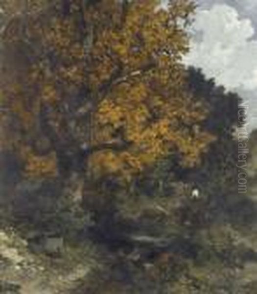 Herbstliche Waldlichtung Mit Reisigsammler Oil Painting by Louis Adolphe Hervier