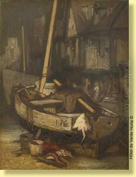 Bateau De Peche En Calle Seche Oil Painting by Louis Adolphe Hervier