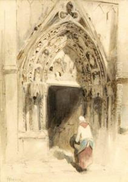 Femme Entrant A L'eglise Oil Painting by Louis Adolphe Hervier