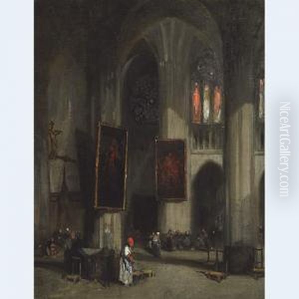 Figures At Prayer In A Cathedral Interior Oil Painting by Louis Adolphe Hervier