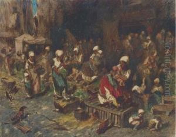 Women And Children At The Hen Market Oil Painting by Louis Adolphe Hervier