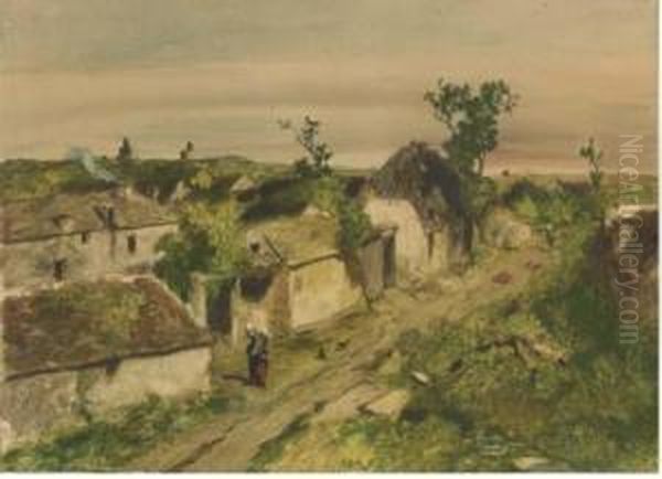 View Of A Village With Figures On A Path Oil Painting by Louis Adolphe Hervier