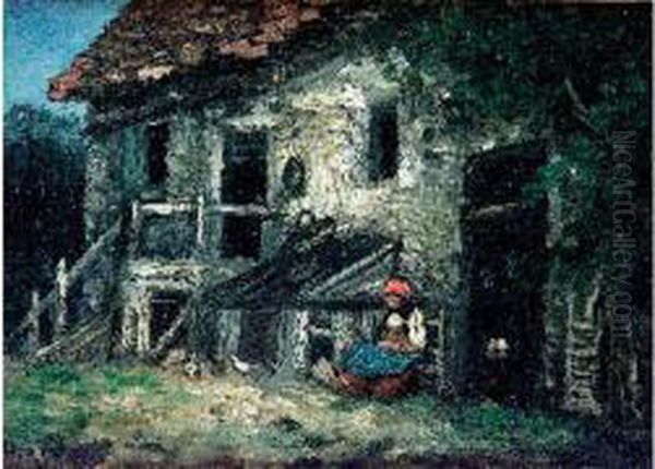 La Cour De Ferme Oil Painting by Louis Adolphe Hervier