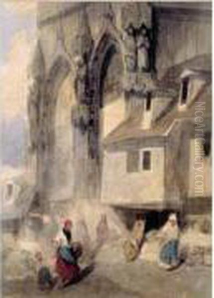 Personnages Devant Un Porche De Cathedrale Oil Painting by Louis Adolphe Hervier