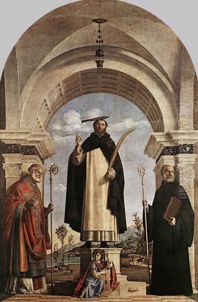 St Peter Martyr with St Nicholas of Bari, St Benedict and an Angel Musician 1504 Oil Painting by Giovanni Battista Cima da Conegliano