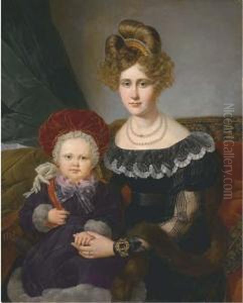 Portrait De Dame Assise, Son Fils Sur Ses Genoux Oil Painting by Alexandre Hesse