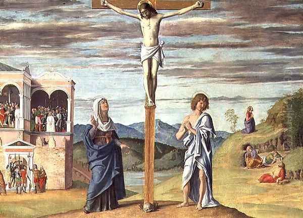 Christ on the Cross with the Virgin and St. John the Evangelist Oil Painting by Giovanni Battista Cima da Conegliano