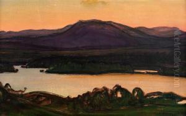 Aftonrodnad Over Norrlandskt Landskap Oil Painting by Otto Hesselbom