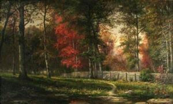 Autumn Landscape With Wooden Fence,1873 Oil Painting by George Hetzel