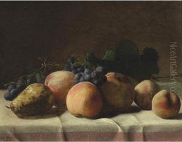 Grapes, Peaches And Pear On A Table Oil Painting by George Hetzel