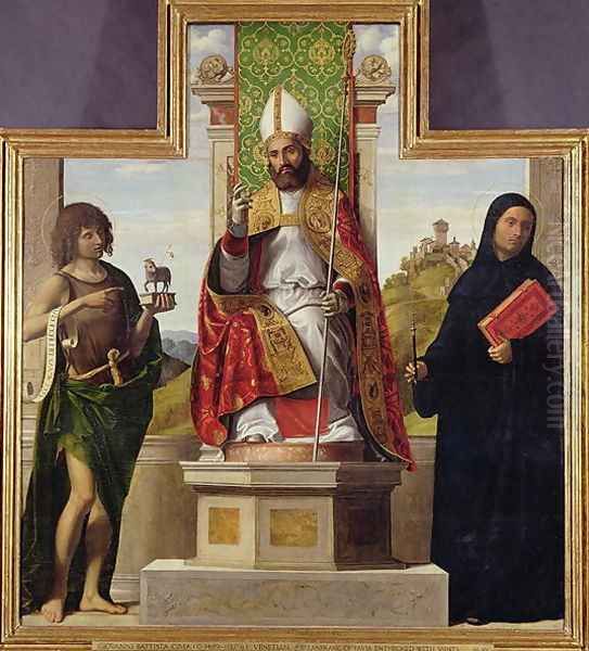 St. Lanfranc of Pavia enthroned between St. John the Baptist and St. Liberius, c.1515-16 Oil Painting by Giovanni Battista Cima da Conegliano