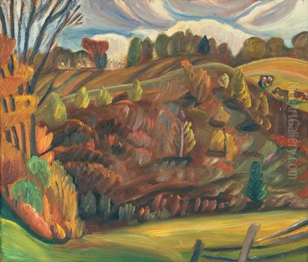 Hillside With Cows Grazing Oil Painting by Prudence Heward