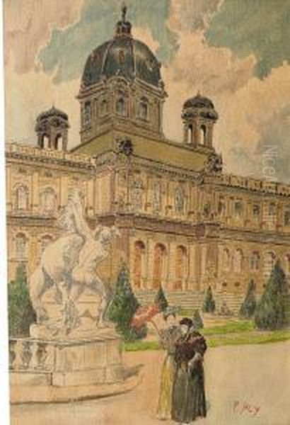 Zwei Spaziergangerinnen Vor Dem Naturhistorischen Museum In Wien Oil Painting by Paul Hey