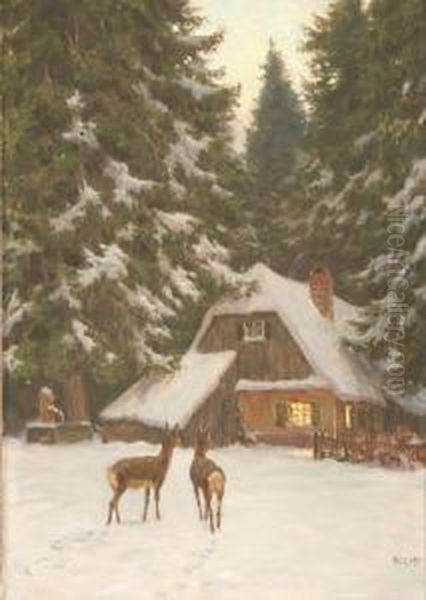 Zwei Rehe Vor Einem Verschneiten Jagdhaus In Winterlicher Waldkulisse Oil Painting by Paul Hey