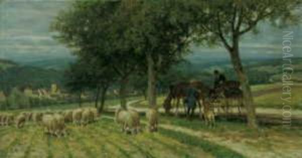 Weite Landschaft Mit Schafherde Und Kutsche Oil Painting by Paul Hey